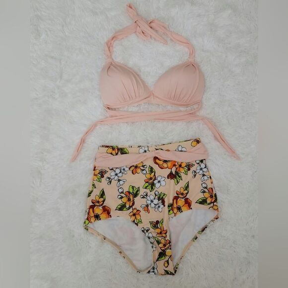 Retro Floral Halter High Waist Bikini Set Two Piece Bathing Suit Size M (6) - Picture 5 of 11